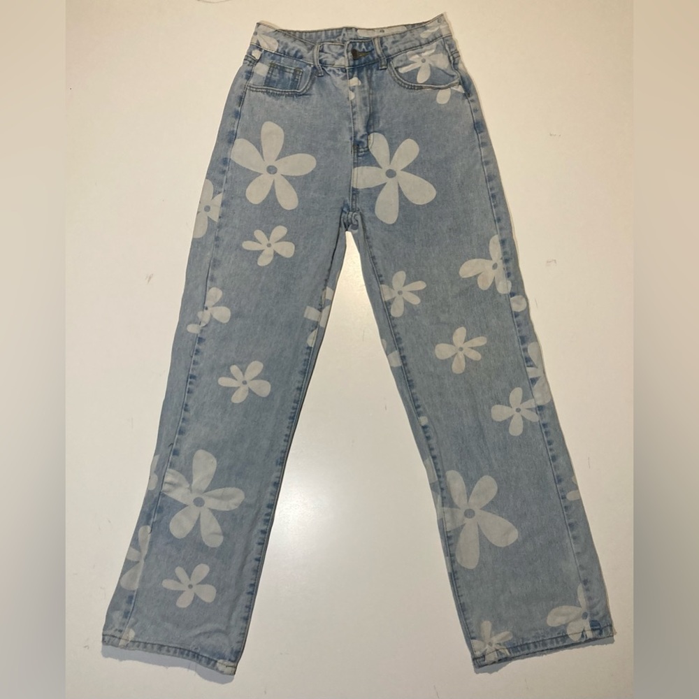 SHEIN Women’s High Waisted Flower Print Straight Leg Jeans